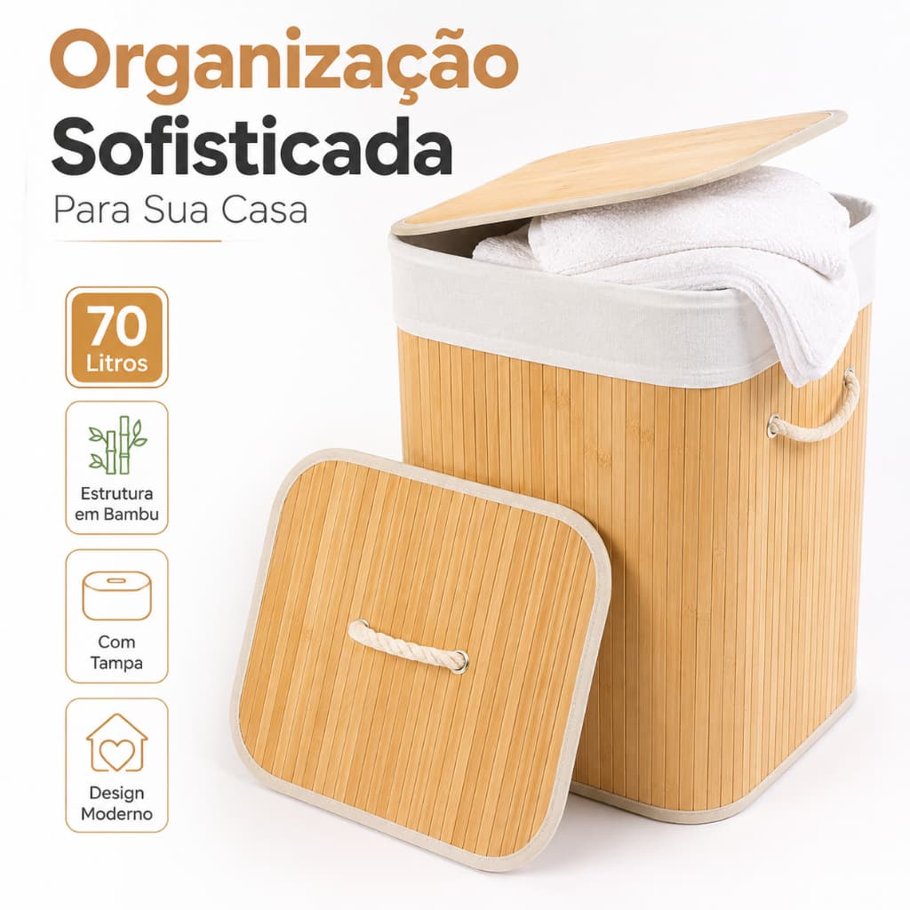 Cestos Organizador Bambu 70L Com Tampas Branco, Marrom, ou Bambu Pratico Para Banheiro Lavanderia Quarto Ecológico