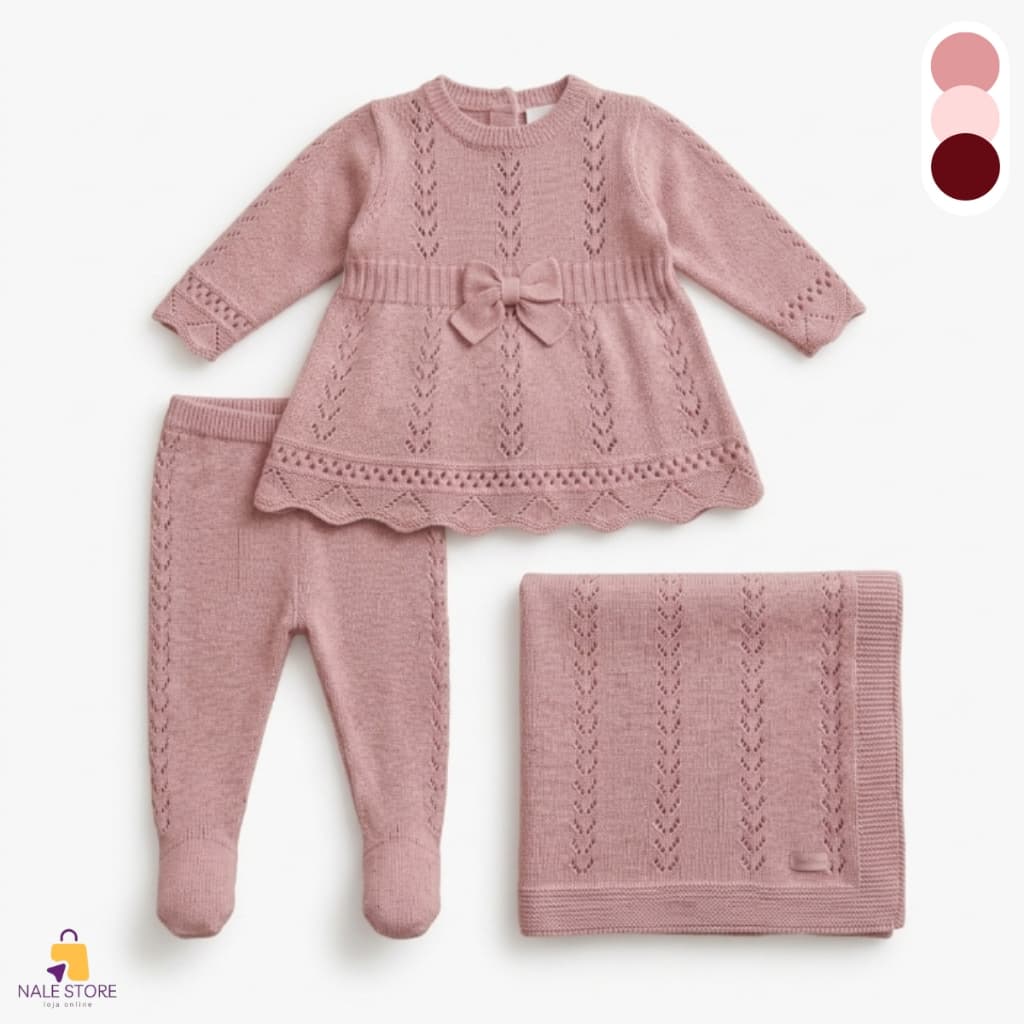 Conjunto Saída De Maternidade Tricô Premium Infantil Menina 3 Peças Blusa Calça E Manta Luxo Enxoval Bebê