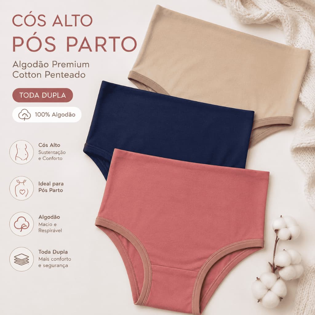 Calcinha Pos Parto Cos Alto Algodão Cotton Penteado Toda Dupla Feminina