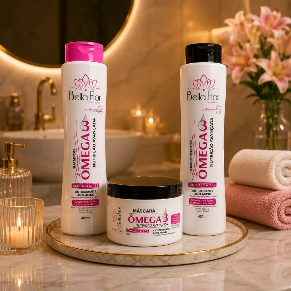 Kit Capilar Ômega 3 3 Produtos Shampoo Condicionador Máscara Bella Flor Hidratação Brilho Profissional