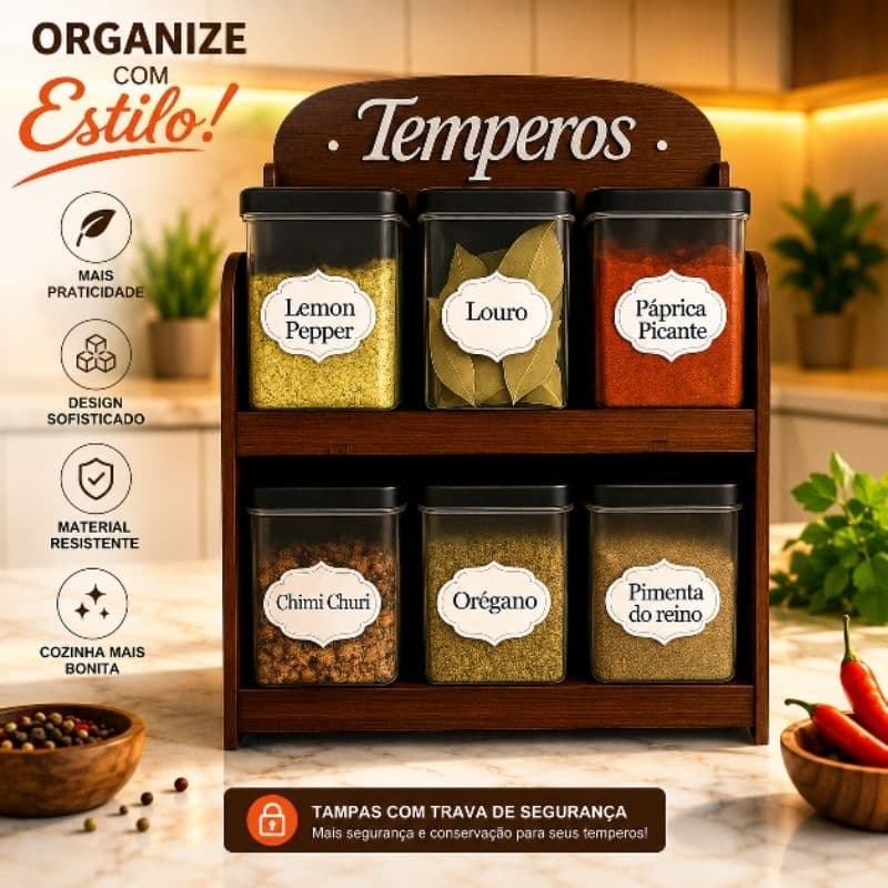 Porta Temperos Parede Mesa ou Bancada MDF Pintado com 6 Porta Condimentos + Adesivos