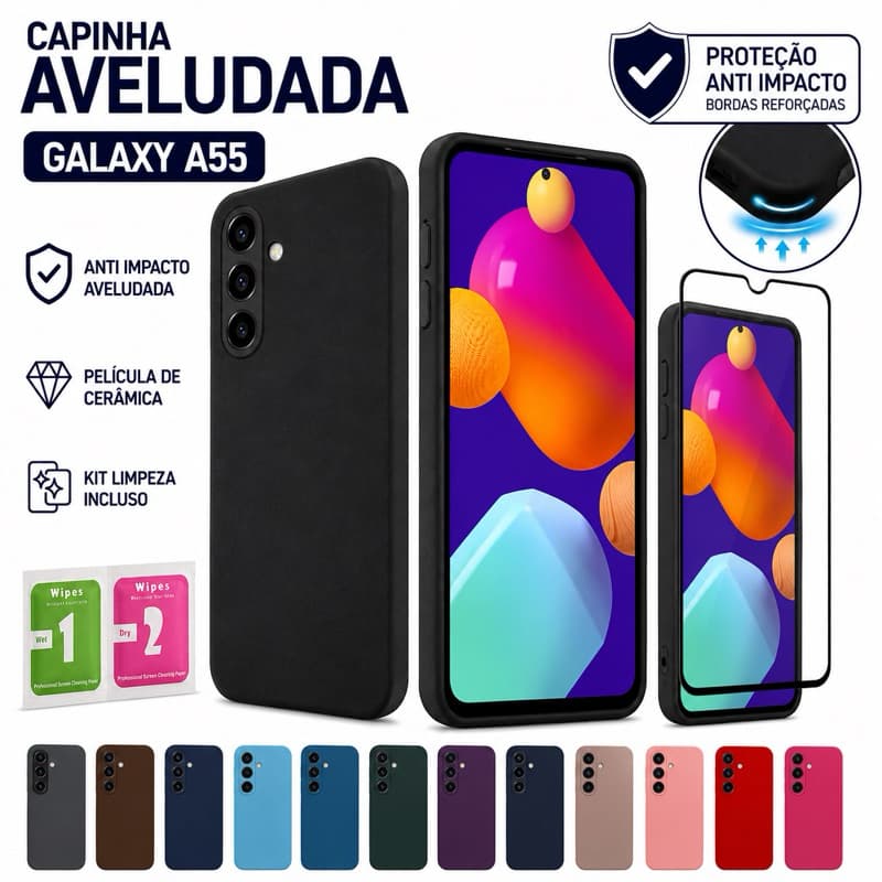 Capinha Capa Samsung Galaxy A55 / A55 5G Anti Impacto Aveludada + Película de Cerâmica
