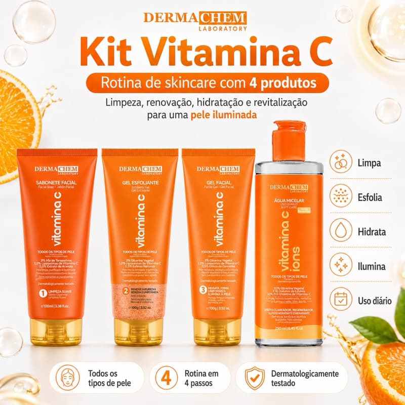 Kit Skin Care Vitamina C Dermachem Completo Clareador Facial com Água Micelar Sabonete Gel e Esfoliante
