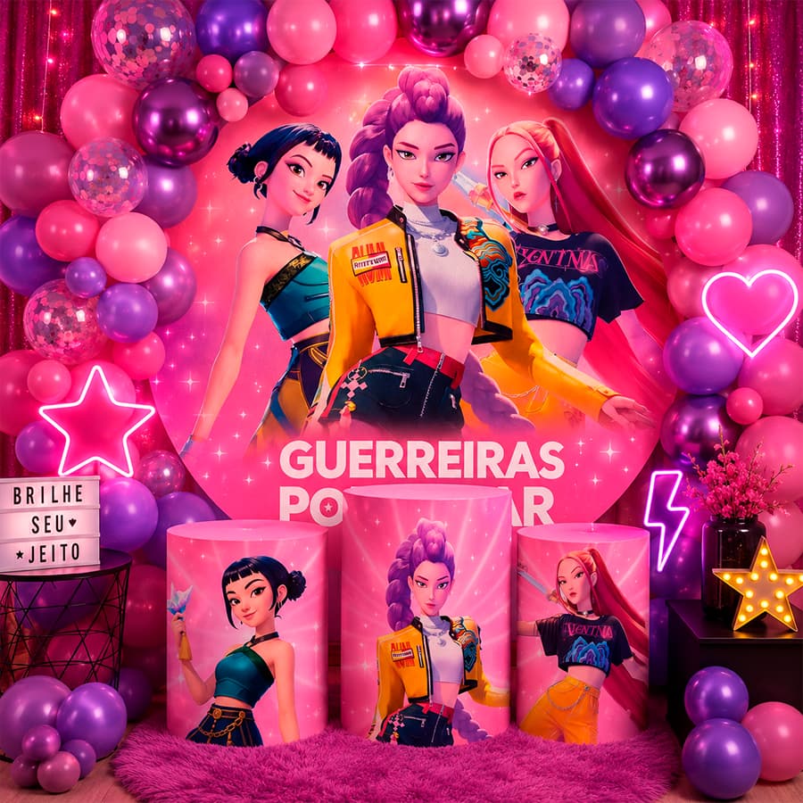 Kit Capa De Painel Redondo + Capas De Cilindro Para Festas Tema Demon Hunter Guerreiras Kpop Huntrix