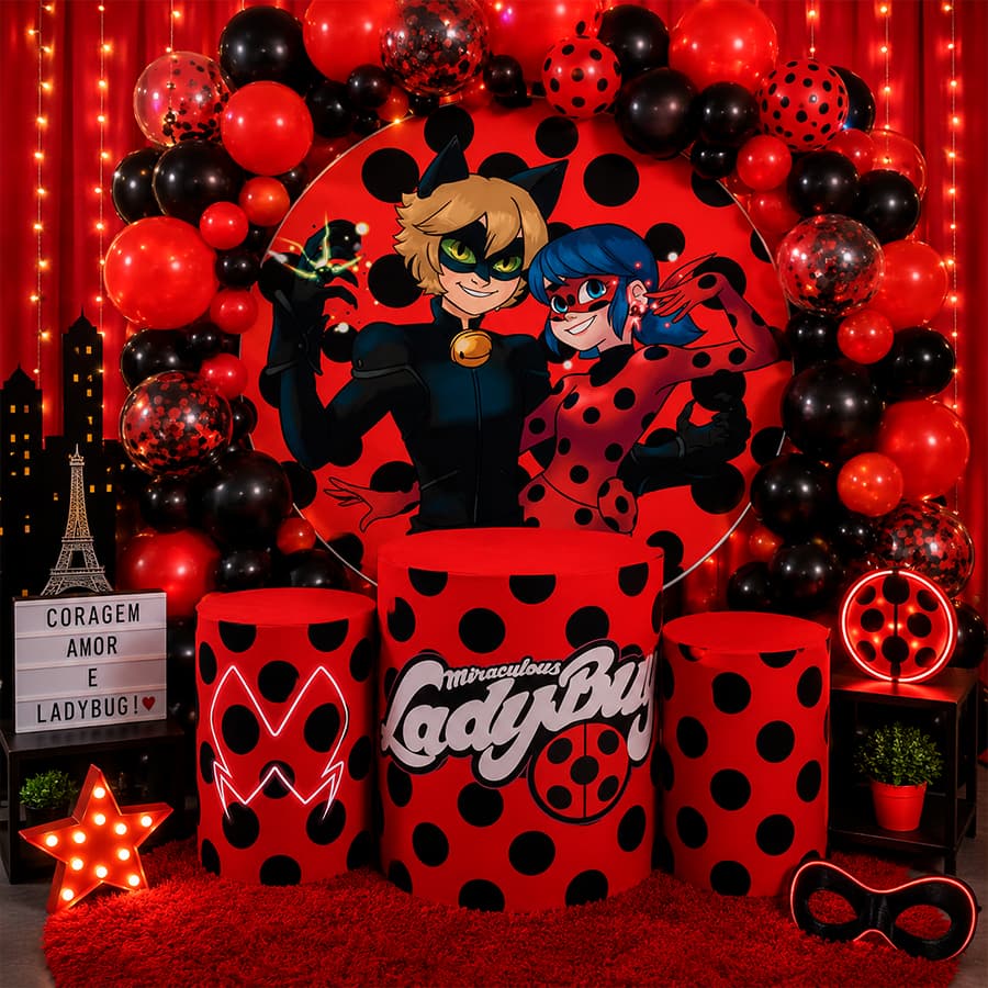 Kit Capa De Painel Redondo + Capas De Cilindro Para Festas Miraculous As Aventuras de Ladybug