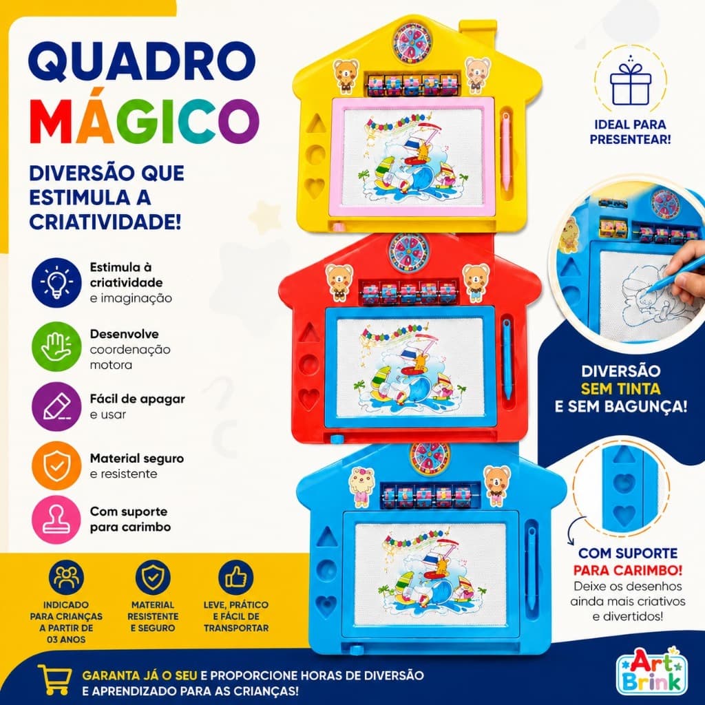 Lousa Mágica Infantil Educativa 2 em 1 Com Caneta – Quadro Magnético Sensorial Colorido Azul Amarelo e Vermelho