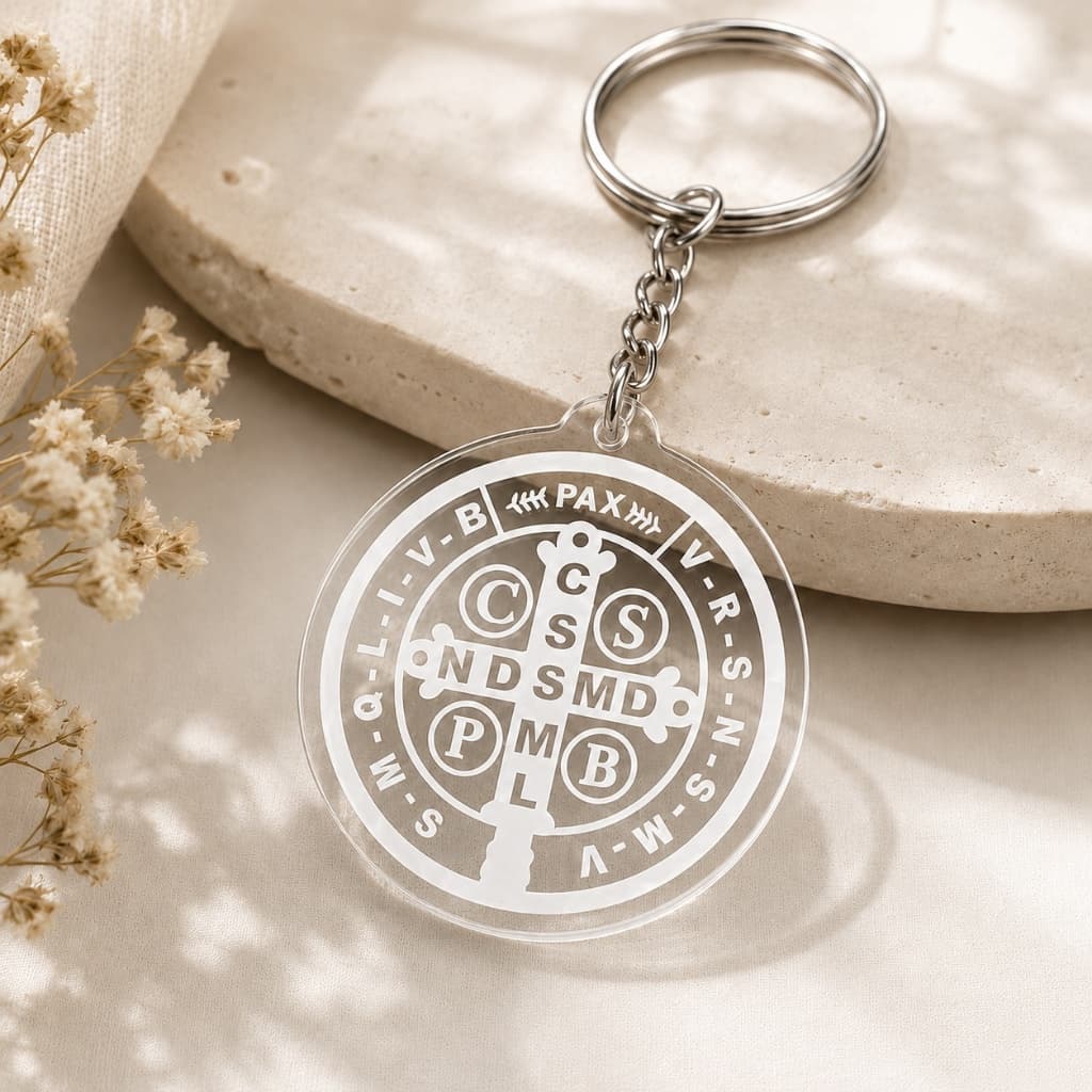 Kit Chaveiro Religioso Acrílico Transparente Medalha de São Bento Religioso