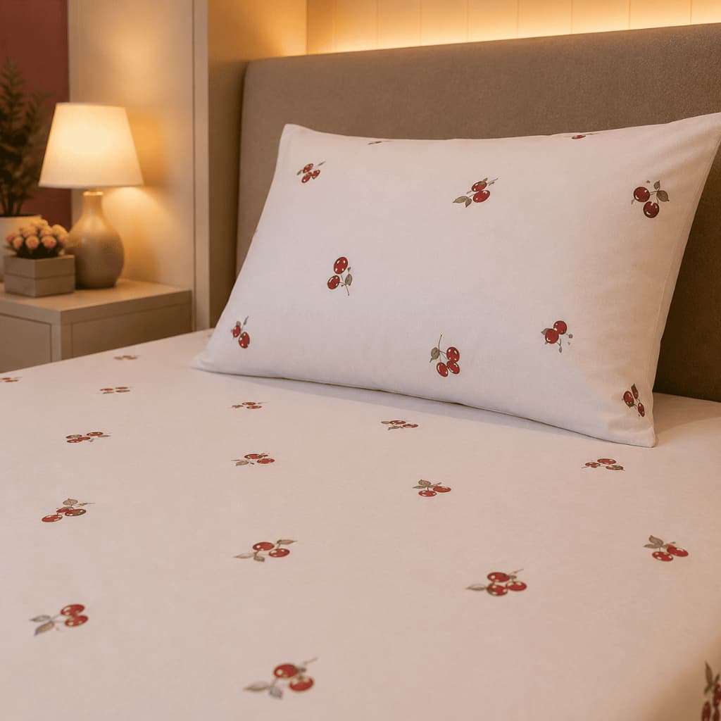 Lençol Casal Queen Solteiro Algodão Cereja Estampado 180 Com Elástico Roupa De Cama Posta