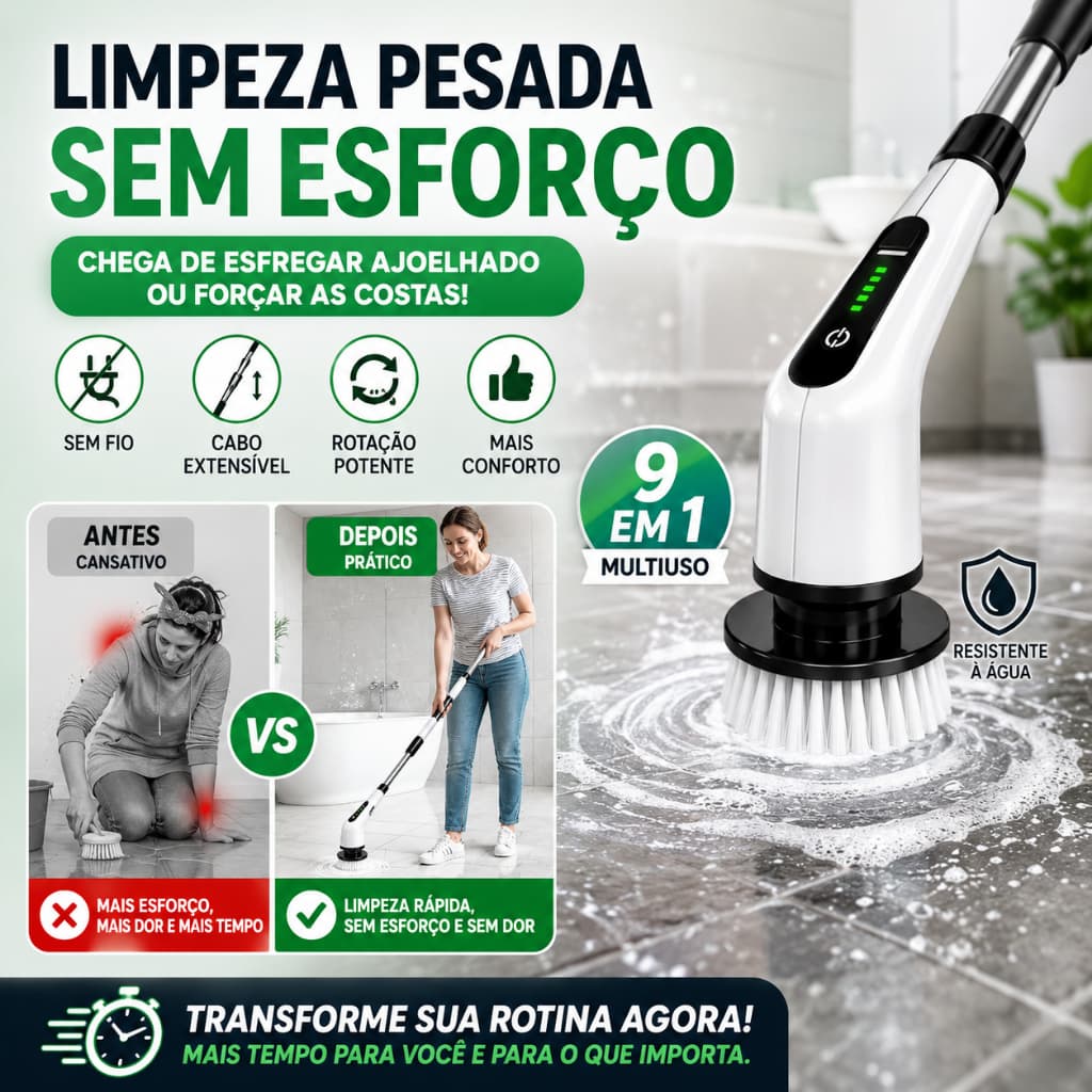 Escova de Limpeza Elétrica Rotativa 9 em 1 Sem Fio Cabo Extensível