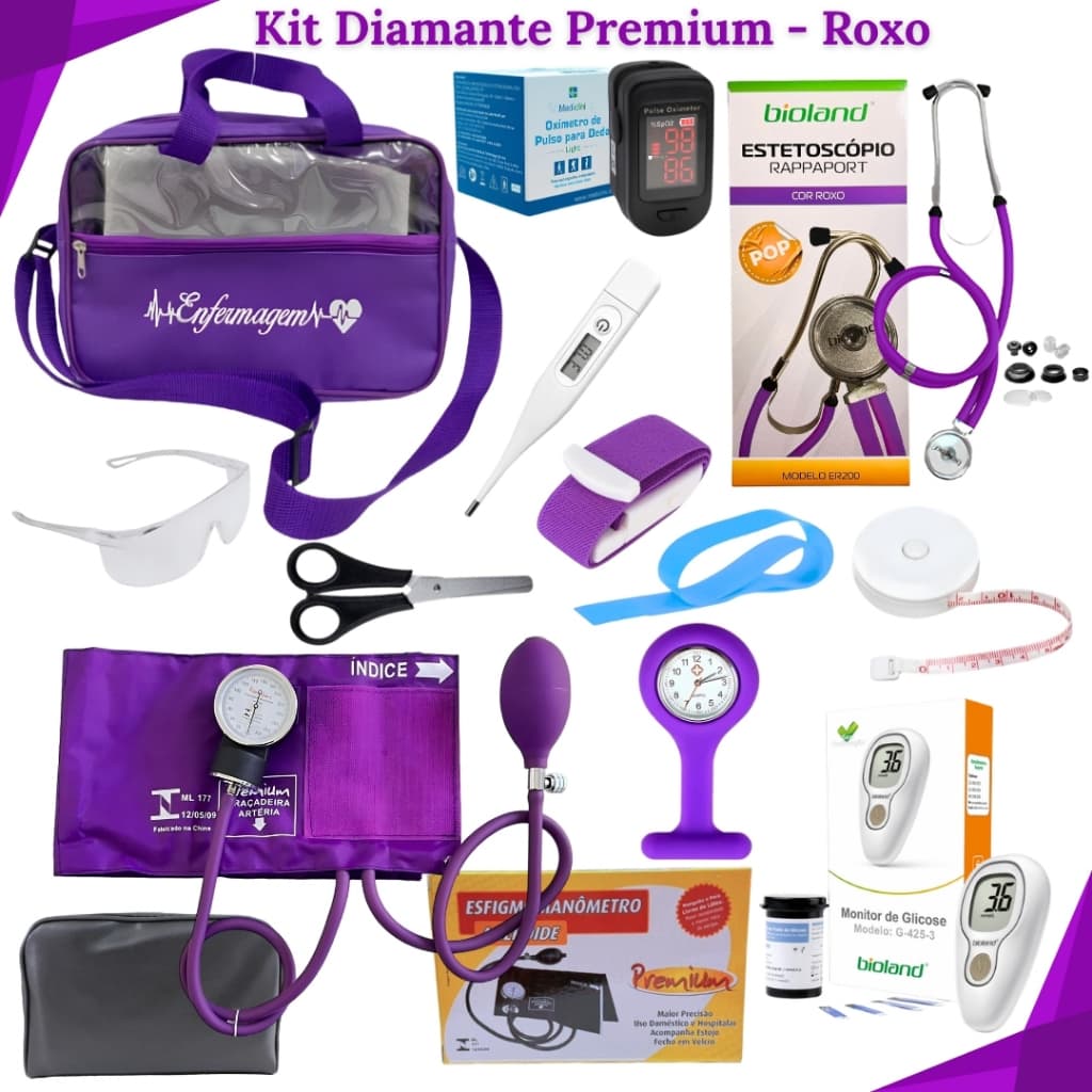 Kit de Enfermagem Completo para de Estágio com Oxímetro, Estetoscópio, Aparelho de Pressão e Acessórios - Diamante