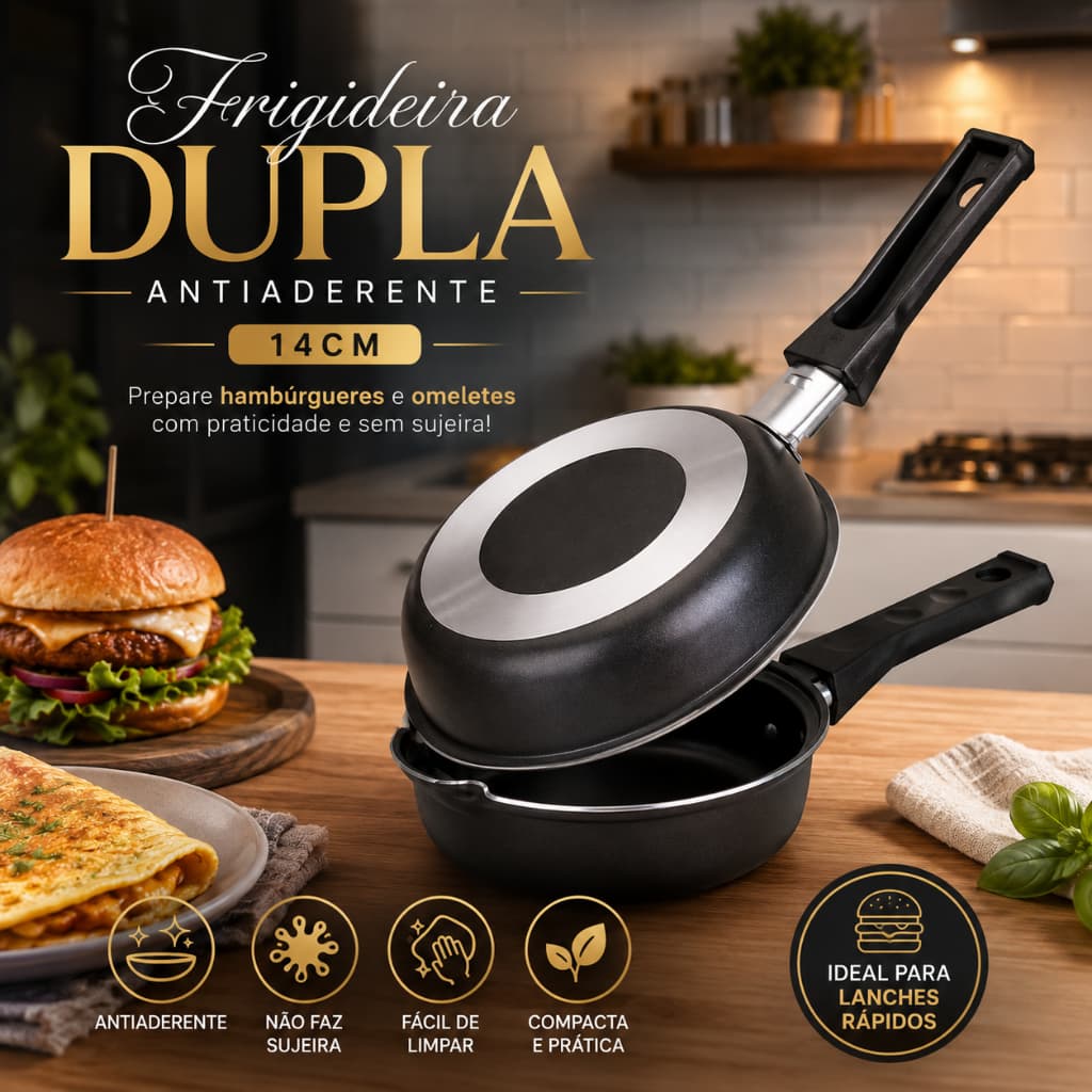 Frigideira Dupla Hamburgueira Omeleteira Antiaderente Panela Panquequeira Frita Grill Forma Chapa