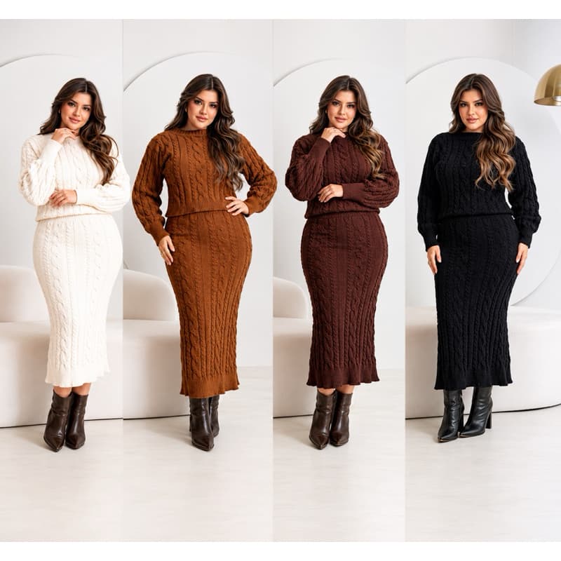 Conjunto Tricot Feminino Mousse Saia Midi e Blusa Inverno