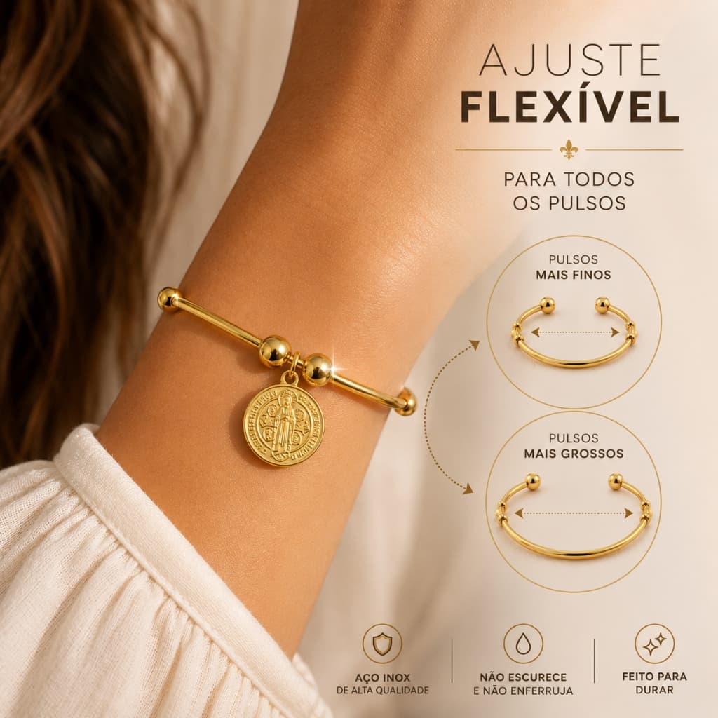 Bracelete Feminino São Bento de Aço Inox Dourado ou Prata Proteção Ajustável