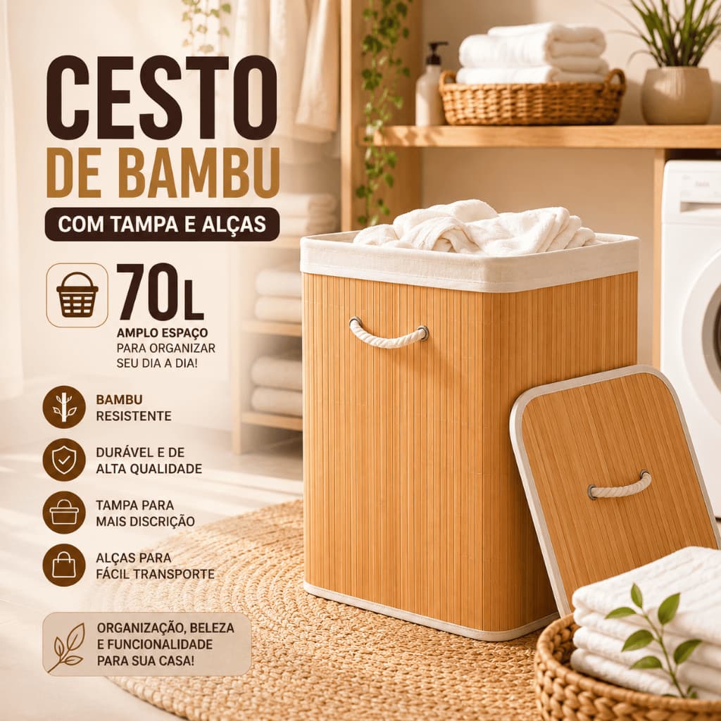 Cesto Organizador de Bambu 70L com Tampa e Alças