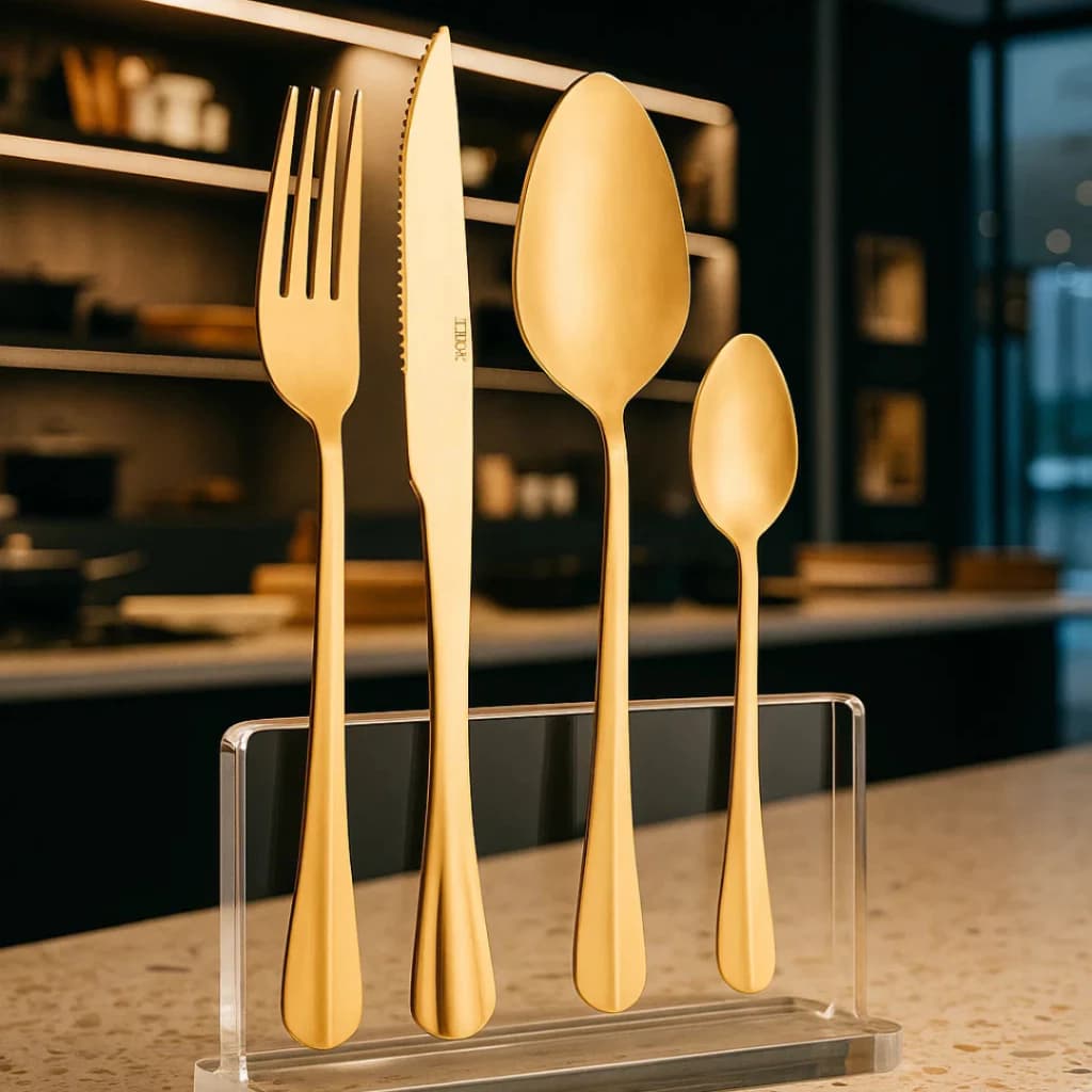 Faqueiro de Aço Inox Positano Dourado 24 Peças Lyor Jogos de Talheres Mesa Posta Utensílios Cozinha