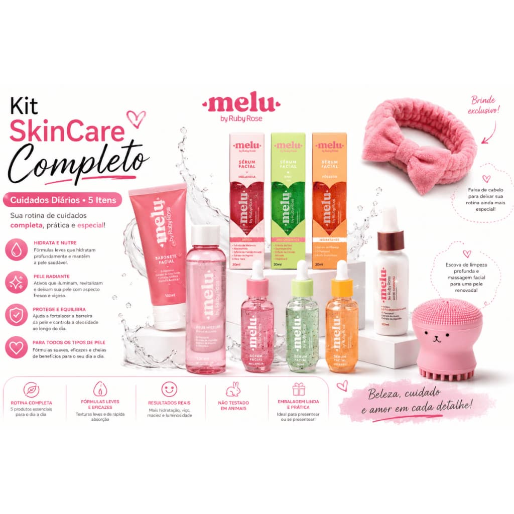 5 Kit de Skin Care Facial Melu Ruby Rose Limpeza Completa Facial