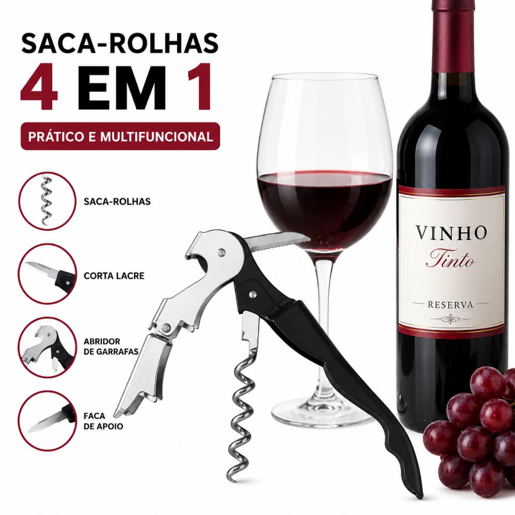 Saca Rolhas Profissional 4 em 1 Abridor de Vinho Cerveja Metal Inox Resistente