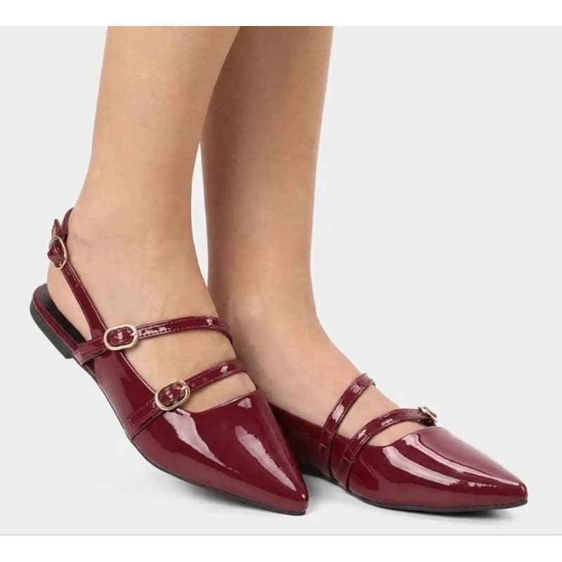 Sapatilha Feminina Slingback Gabriela Verniz Bordô Bico Fino