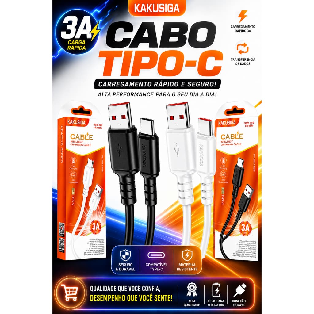 Cabo USB Tipo C Kakusiga Original — 3A  60W 1 Metro | Reforçado Premium