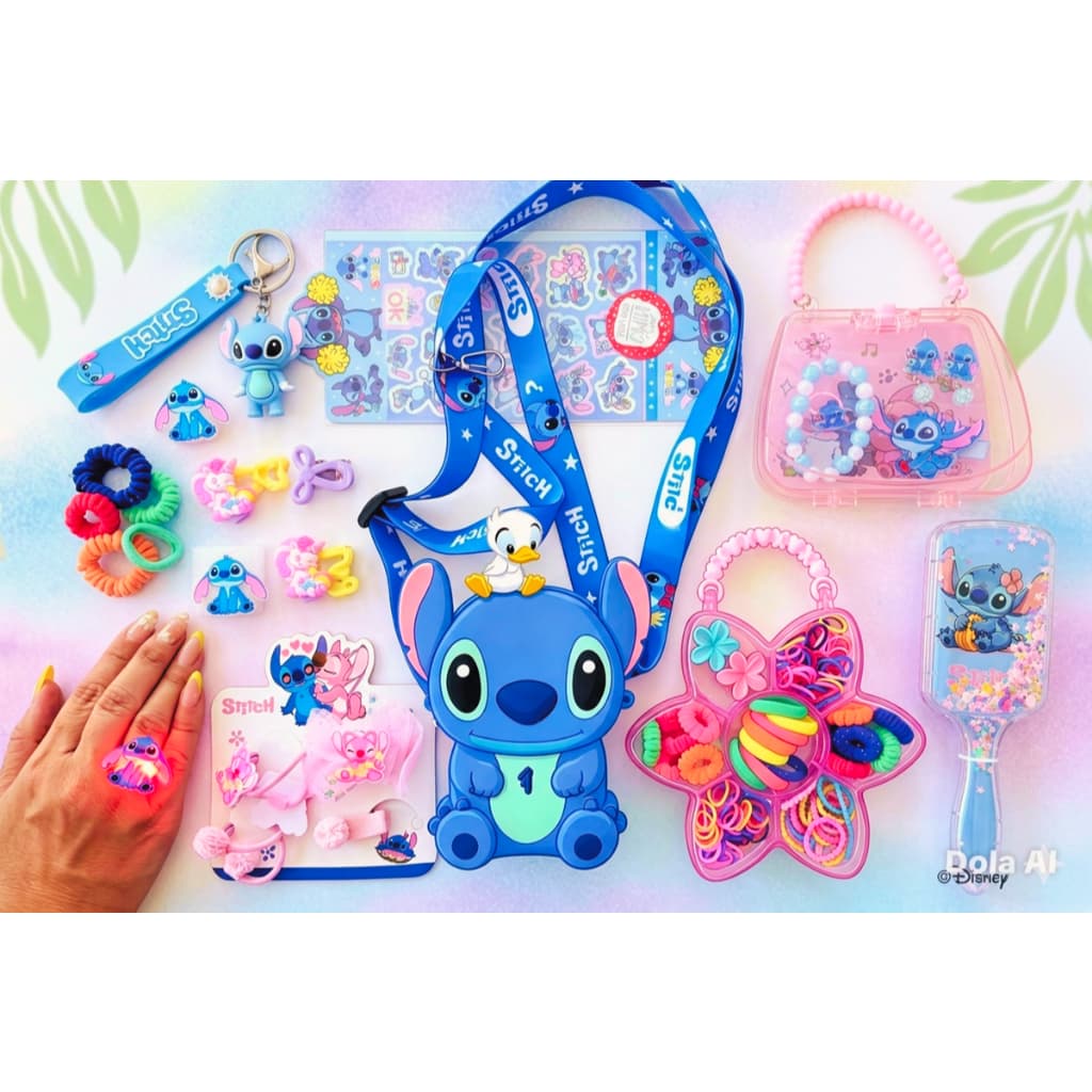 Kit Stitch Bolsinha Escova de Cabelo Stitch Chaveiro Stitch Adesivos Stitch Acessórios Menina Kit Stitch Disney