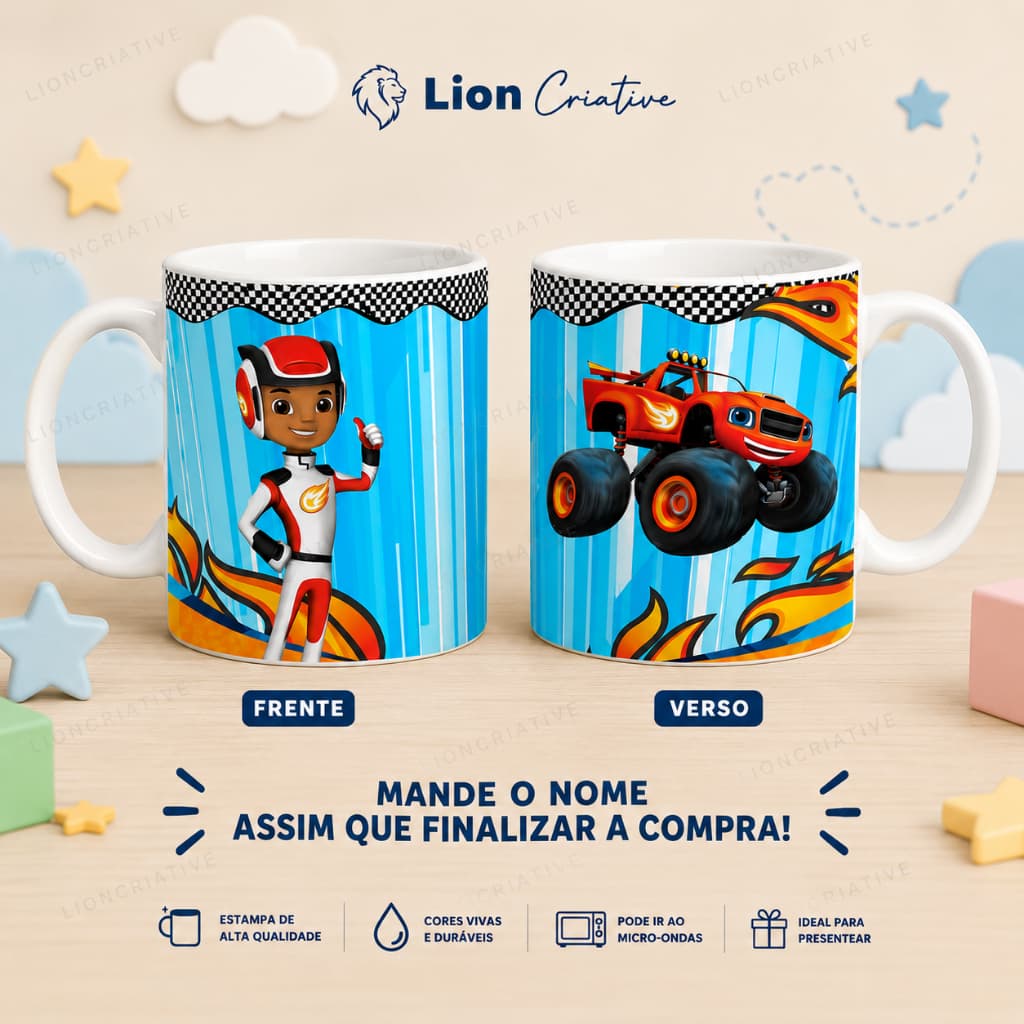 BLAZE MACHINE | Caneca personalizada com nome 325 ml | presente escolar infantil festa crianças