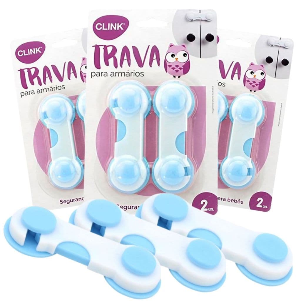 Kit 6 Trava Fecho Para Gaveta Azul Armário Protetor Segurança Bebê Criança Multiuso De Plástico