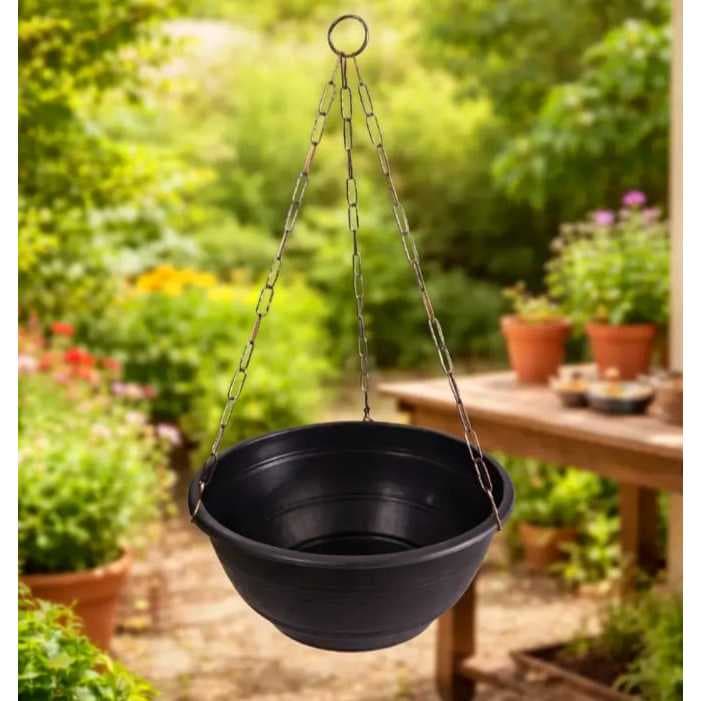 Vaso grande preto p/ samambaias, 31cm , 6,6,litros c/ corrente 60cm