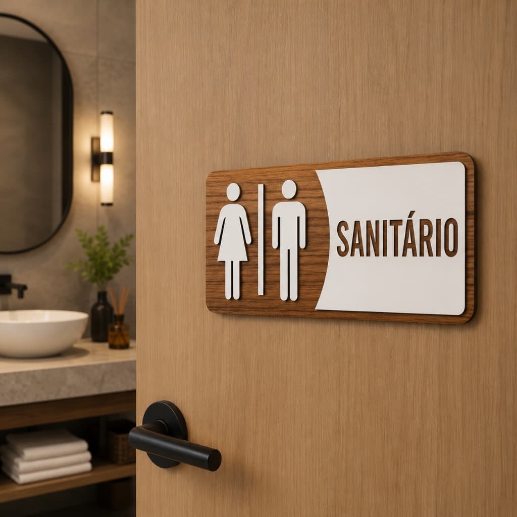 Placa de Sinalização Sanitário MDF Alto Relevo 30x13cm Para Porta
