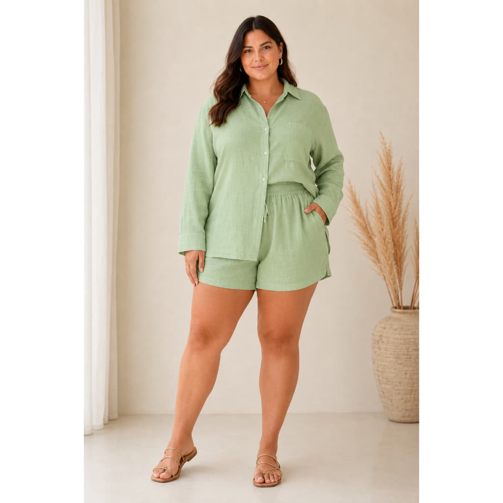 Conjunto Feminino Plus Size Linho Viscolinho Camisa Manga Longa e Shorts com Forro Look Casual Cintura Elástica Verão