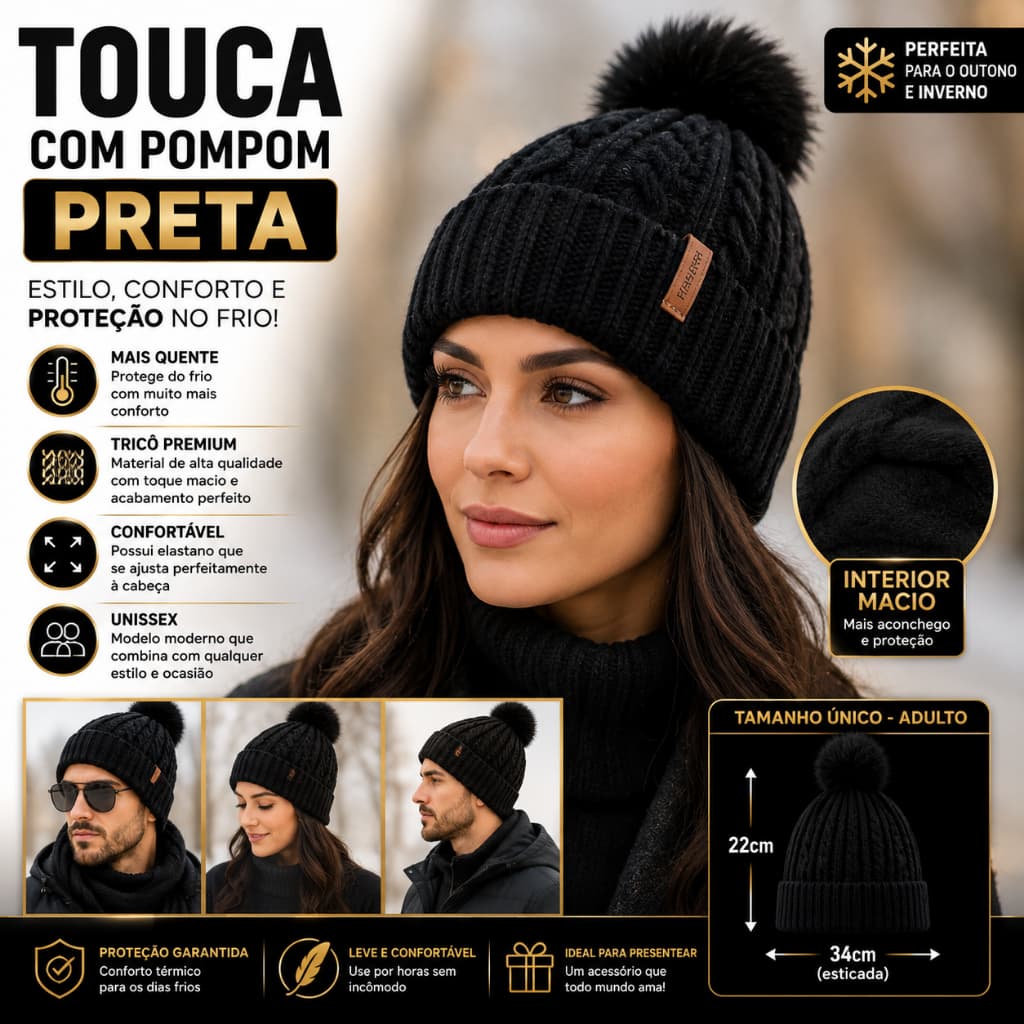 🔥 Touca de Frio Gorro Tricot Preto com Pompom Unissex Inverno Premium