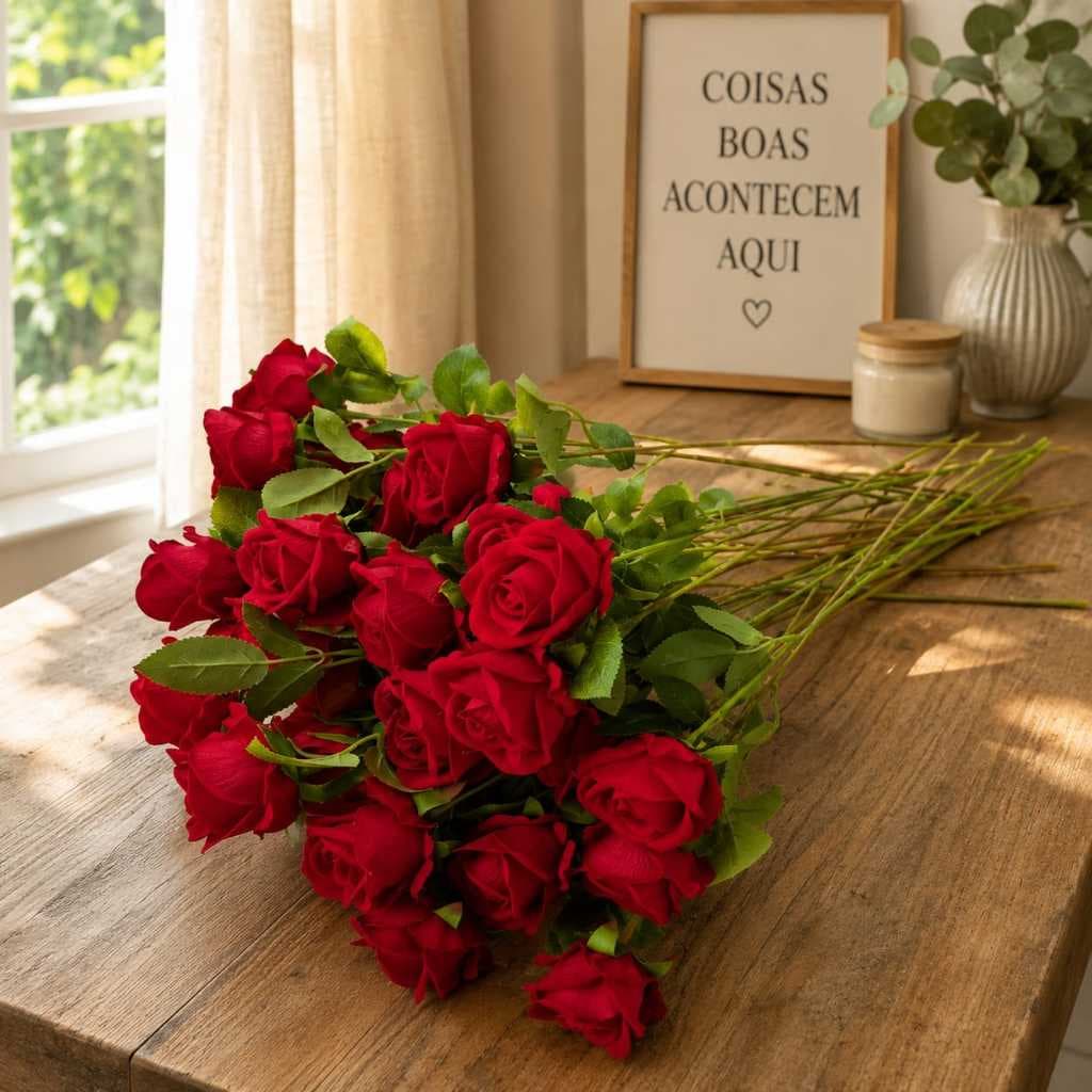Kit 10 Rosa Aveludada Artificial Vermelho Para Decoracao 50cm