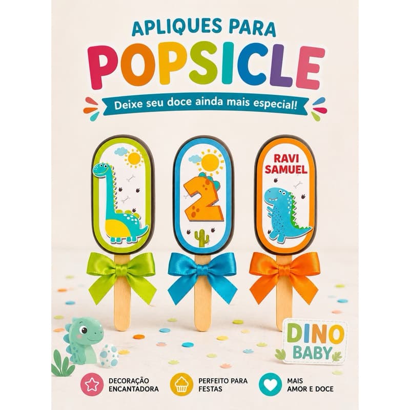 Apliques 2D para Bolo no Palito, Popsicle e Pirulito de Chocolate Dino Baby em Papel Decoração Doces