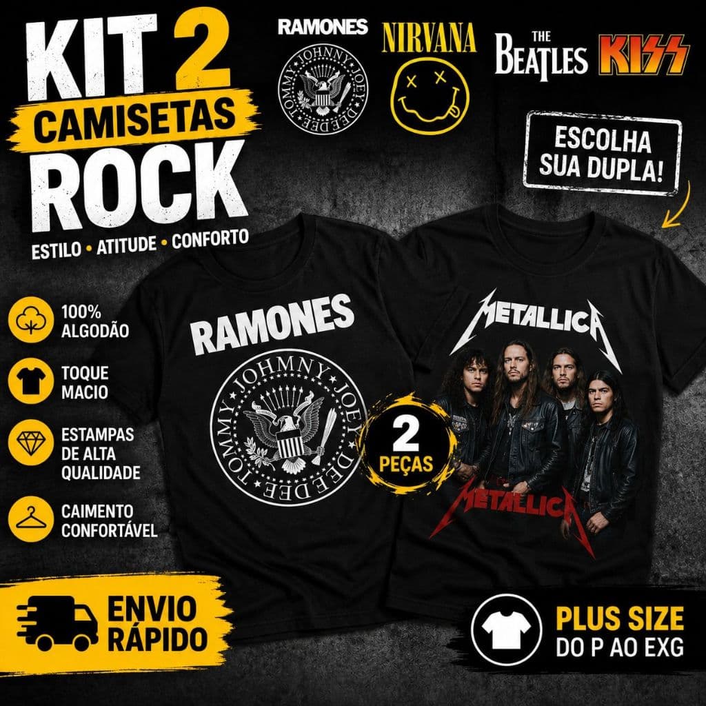 Kit 2 Camisas Estampadas Rock 100% Algodão | Streetwear | Plus Size