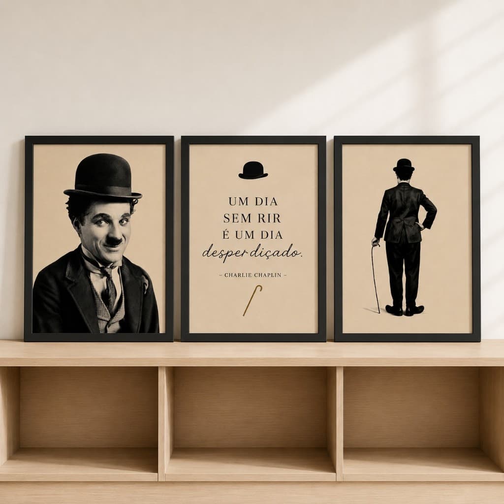Kit 3 Quadros Decorativos Charlie Chaplin Vintage Preto e Branco Moldura Branca Premium Sala Quarto Escritório