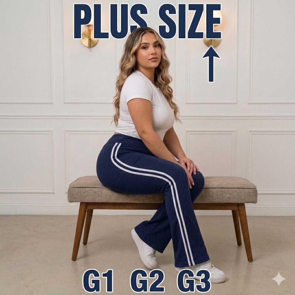 Calça Plus Size Pantalona Estilo Flare Com Listras Laterais/Boca De Sino Bailarina Grossa Zero Transparência