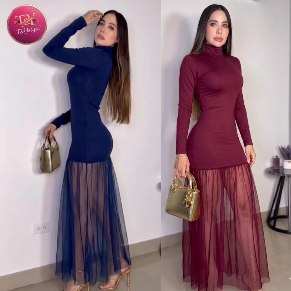 🔥 VESTIDO LONGO FEMININO SUPLEX COM TULE GOLA ALTA MANGA LONGA ELEGANTE MODA BLOGUEIRA FESTA 🔥