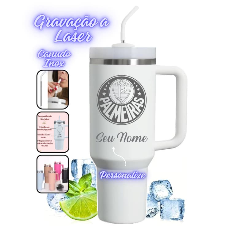 Copo Termico 1200ml Palmeiras Com Canudo Personalizado Com Seu Nome