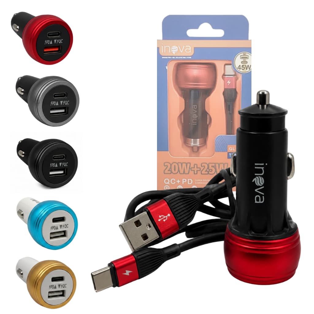 Carregador Veicular 12V Turbo 45W Porta USB Cabo Tipo-C Compatibilidade Smartphone Fone Caixa de Som