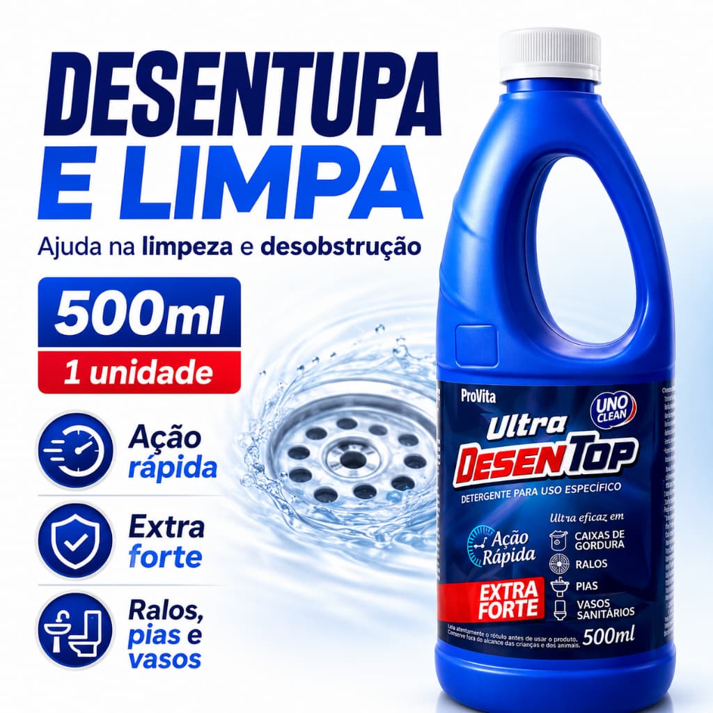 Desentupidor Líquido Ultra Desentop 500ml Pia Ralo Vaso Sanitário Cano Caixa  Gordura