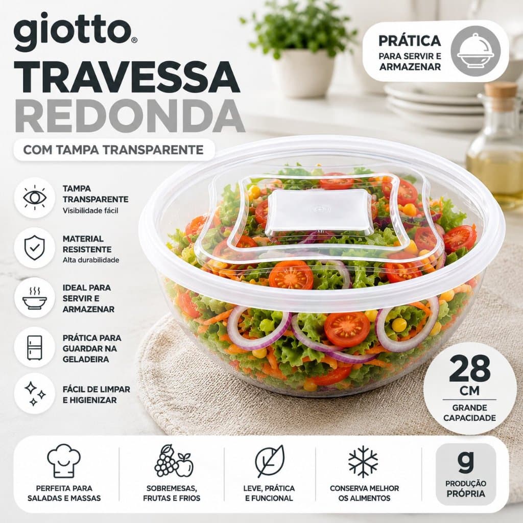 Travessa Redonda com Tampa Transparente Bandeja para Servir Sobremesas Frios Armazenamento  Giotto