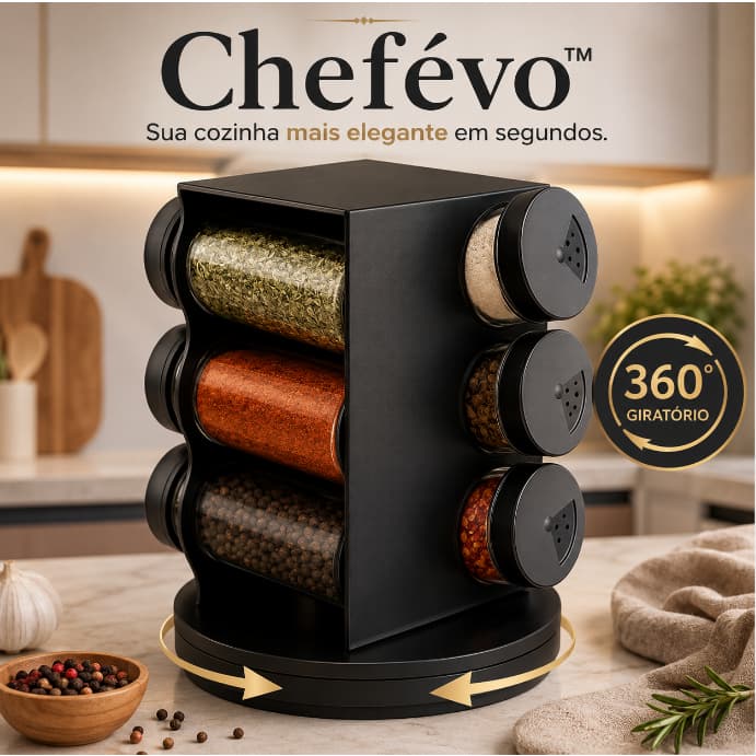 Porta Temperos Giratório Chefévo™ 6 Potes Organizador de Condimentos 360° Cozinha Preta Compacta