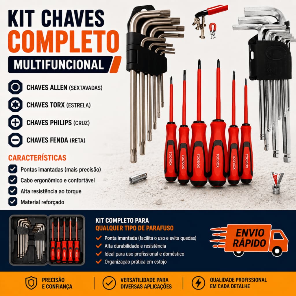 Kit Chave Allen Torx Fenda Philips Profissional Grande Eletricista Conjunto Multiuso Imantada extra longas