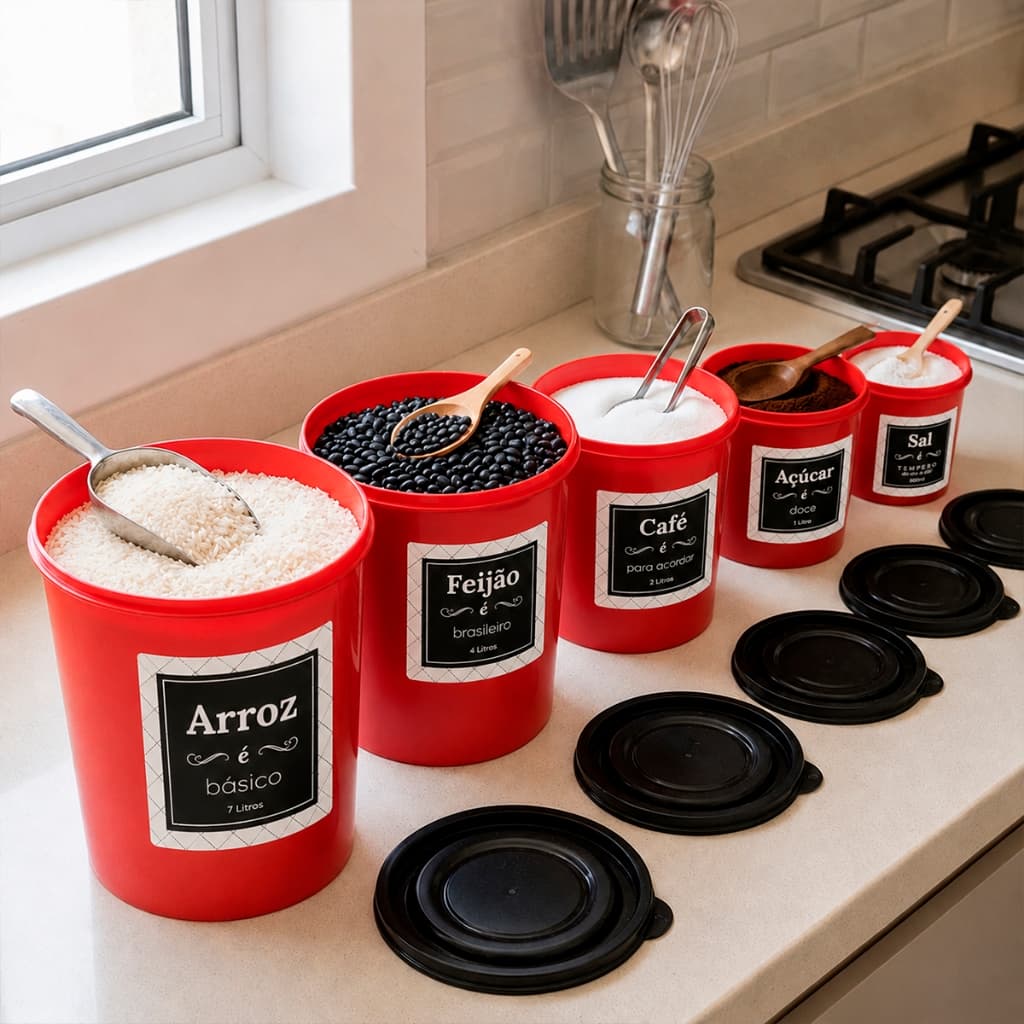Kit Potes Mantimentos Cozinha Com 5 Peças para Armazenar Alimentos