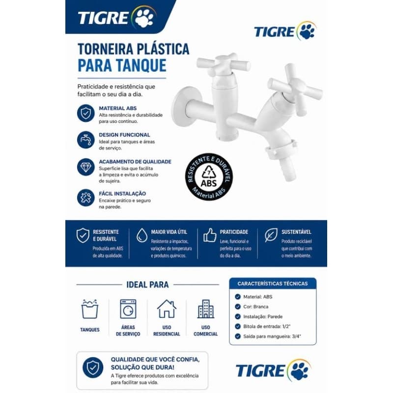 Torneira Plástica Para Tanque E Máquina 2 Saídas Cross 1/2 - 3/4 ABS Branca Tigre