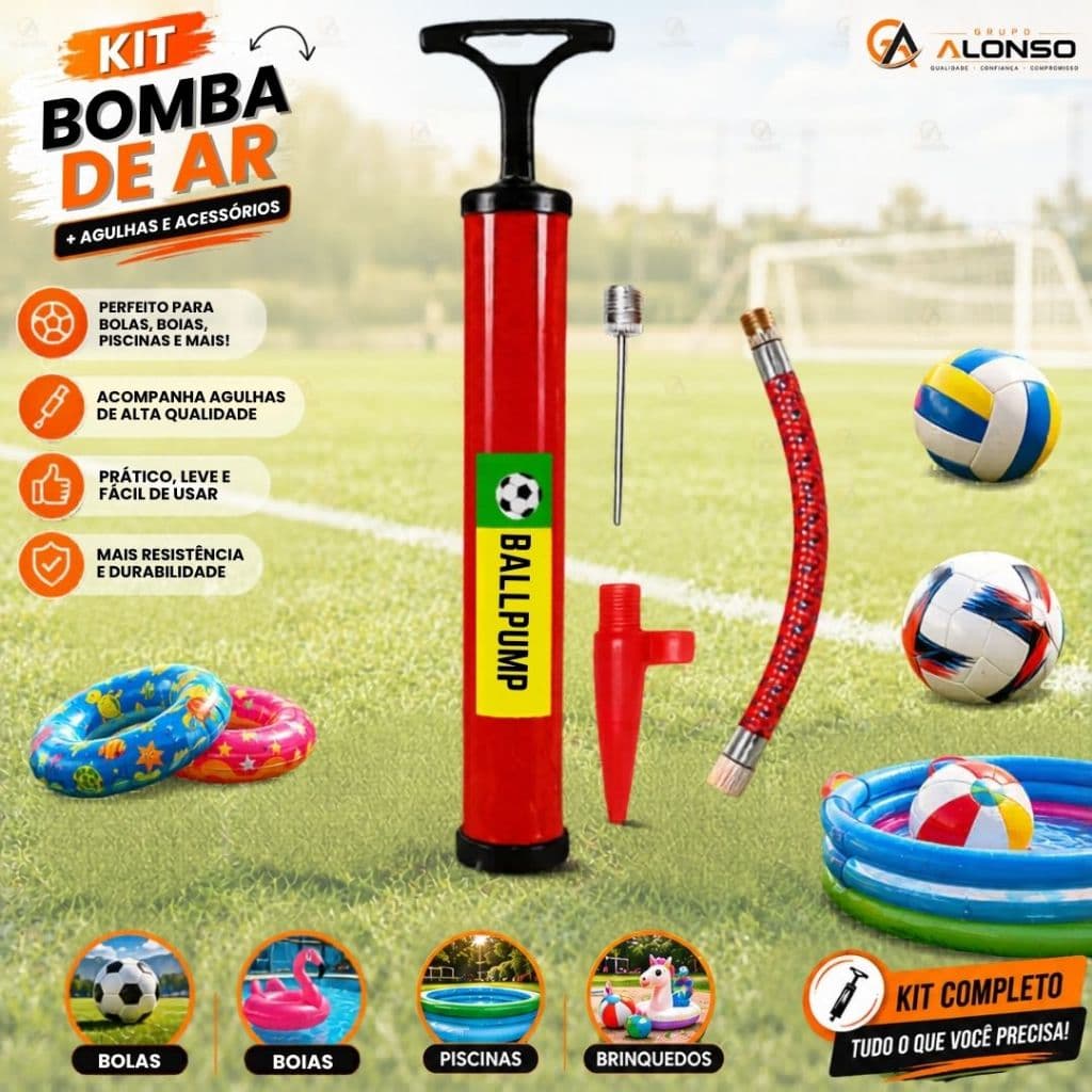 Bomba de Ar Manual + Acessórios p/ Encher Bolas e Infláveis Piscina Boia  Colete e Brinquedos