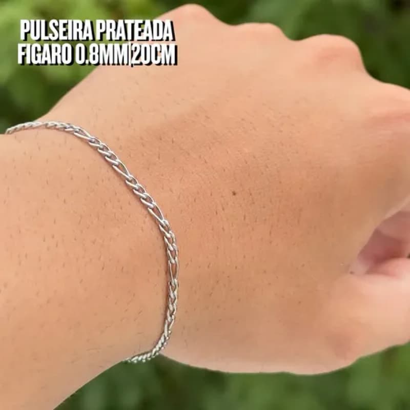 Pulseira Fininha 3x1 fígaro 0.8mm 20cm Aço Inox Cirúrgico Prata Unissex