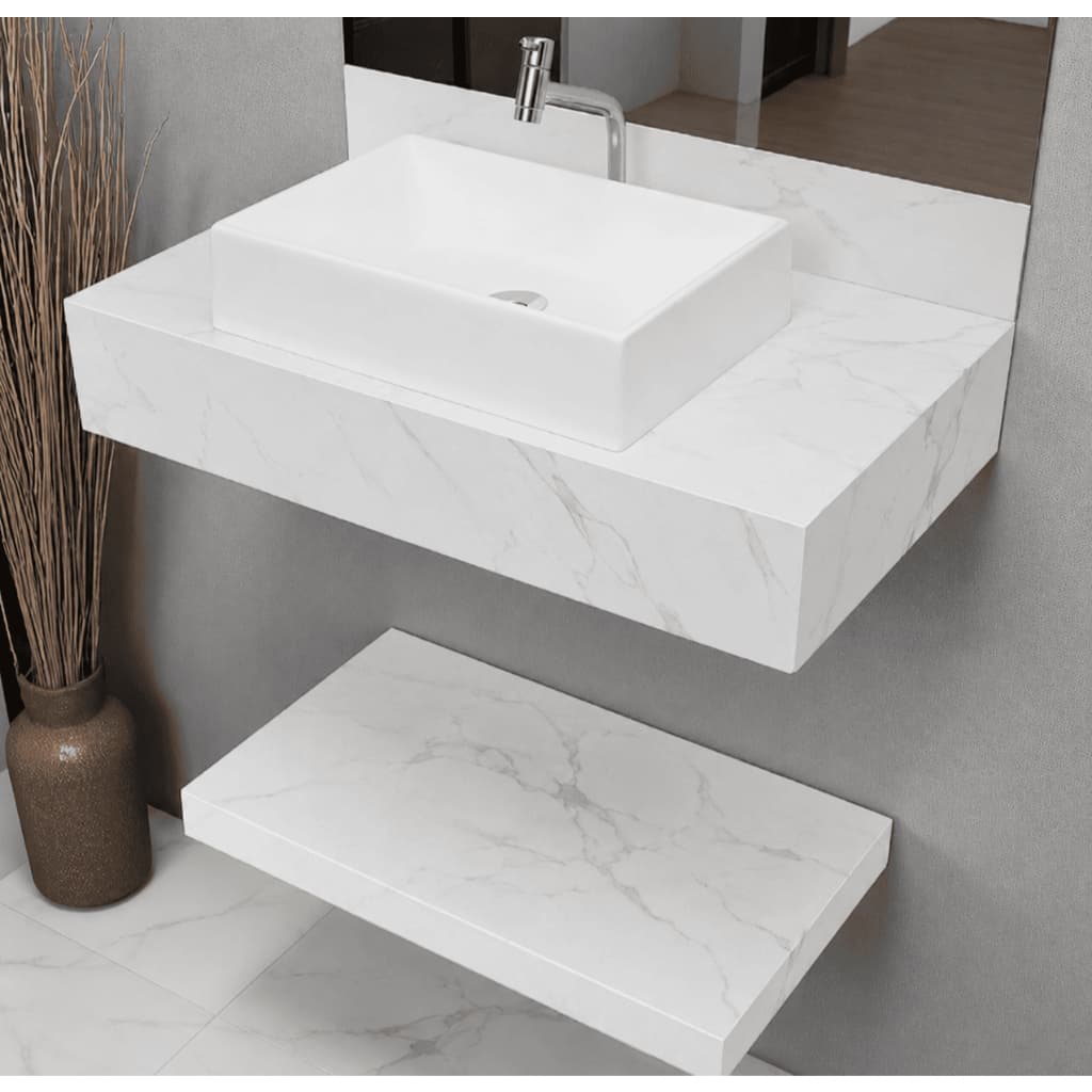Kit Completo Bancada Cuba Sobreposta Banheiro Prateleira Porcelanato Calacata Gold 62x36x11