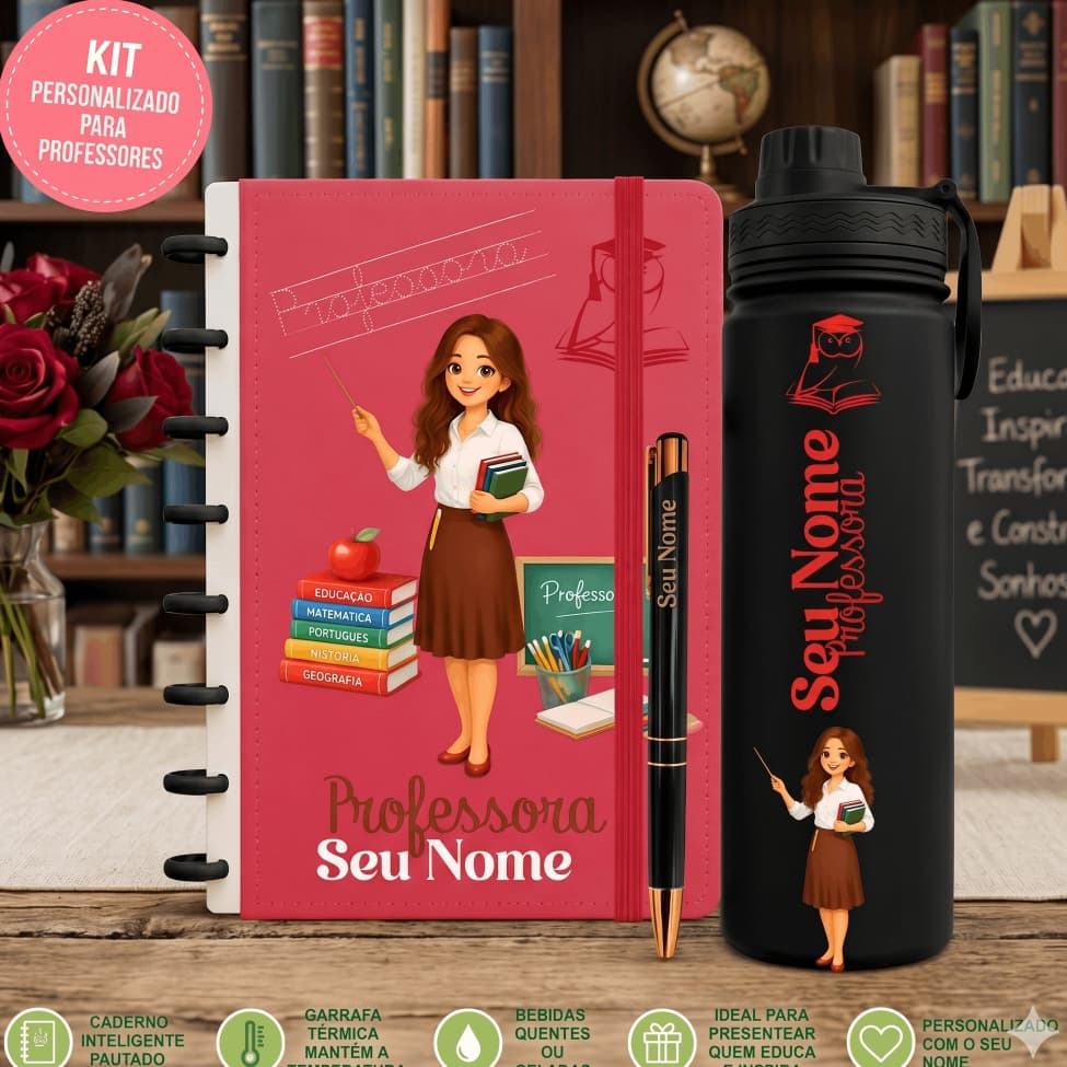 Kit Personalizado Professora Caderno Inteligente/Discos com 3 Peças- Caneta-caderno e Garrafa Térmica