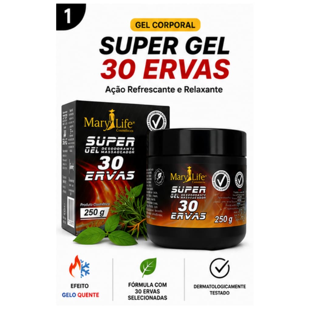 Super Gel 30 Ervas Mary Life 250g Efeito Gelo Quente Relaxante Corporal Massageador