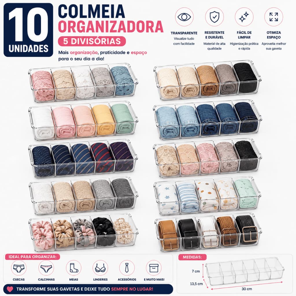 Kit 10 Colmeia Organizadora para Gaveta 5 Nichos | Organiza Meias, Cuecas e Calcinhas